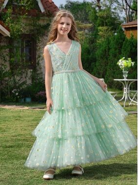 Mint Green Tiered Tulle Flower Girl Dress